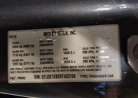 2019 Tesla Model 3 Long Range/Performance from USA, damaged, VIN 5YJ3E1EB2KF453104